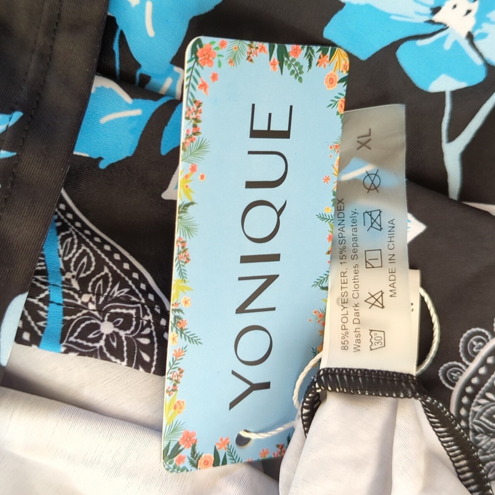 Yonique Tummy Control High Neck Tankini High Waisted Black Floral Swimsuit XL - Picture 11 of 14